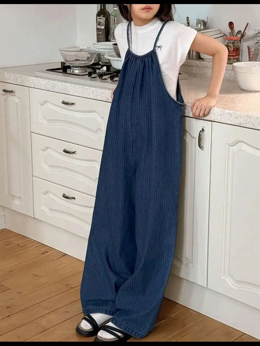 Kids Navy Wide-Leg Denim-Style Romper Jumpsuit